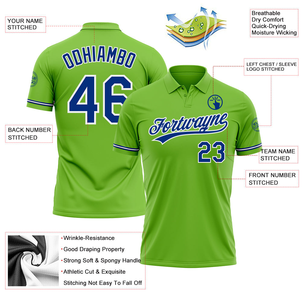 Custom Neon Green Royal-White Performance Vapor Golf Polo Shirt view 3