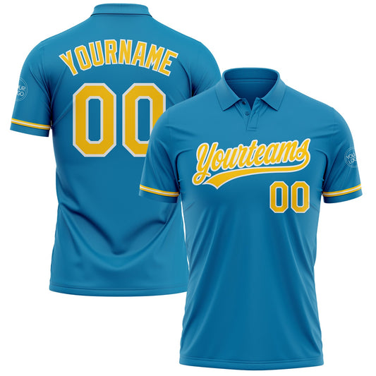 Custom Panther Blue Yellow-White Performance Vapor Golf Polo Shirt - Main View