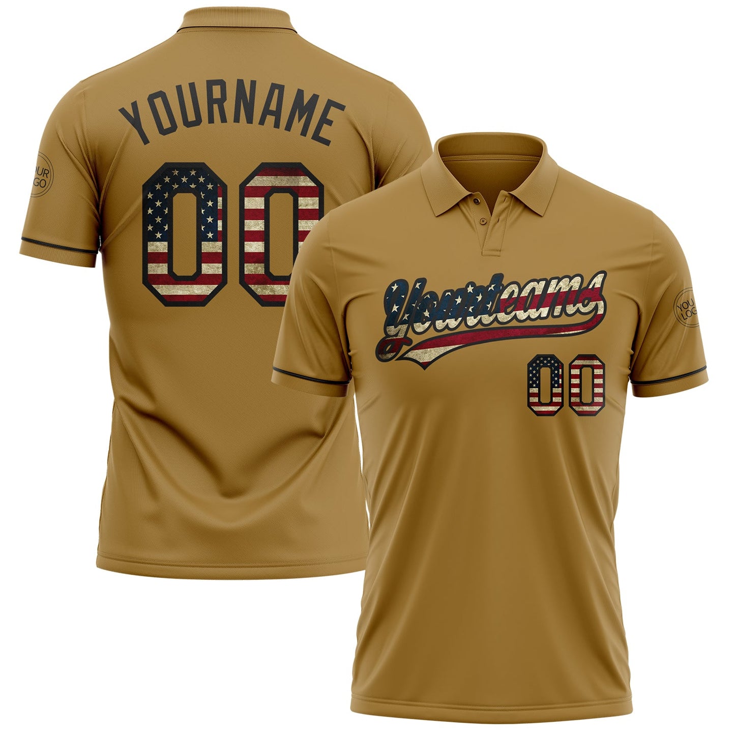 Custom Old Gold Vintage USA Flag-Black Performance Vapor Golf Polo Shirt - Main View