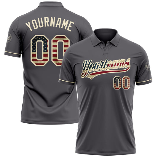 Custom Steel Gray Vintage USA Flag-Cream Performance Vapor Golf Polo Shirt - Main View
