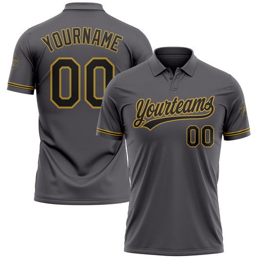 Custom Steel Gray Black-Old Gold Performance Vapor Golf Polo Shirt - Main View