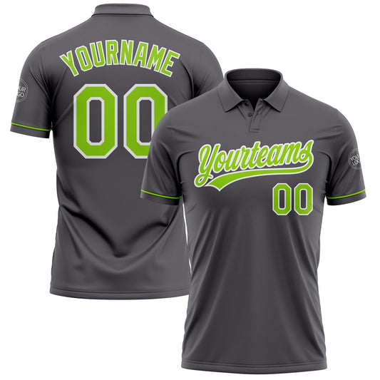 Custom Steel Gray Neon Green-White Performance Vapor Golf Polo Shirt - Main View