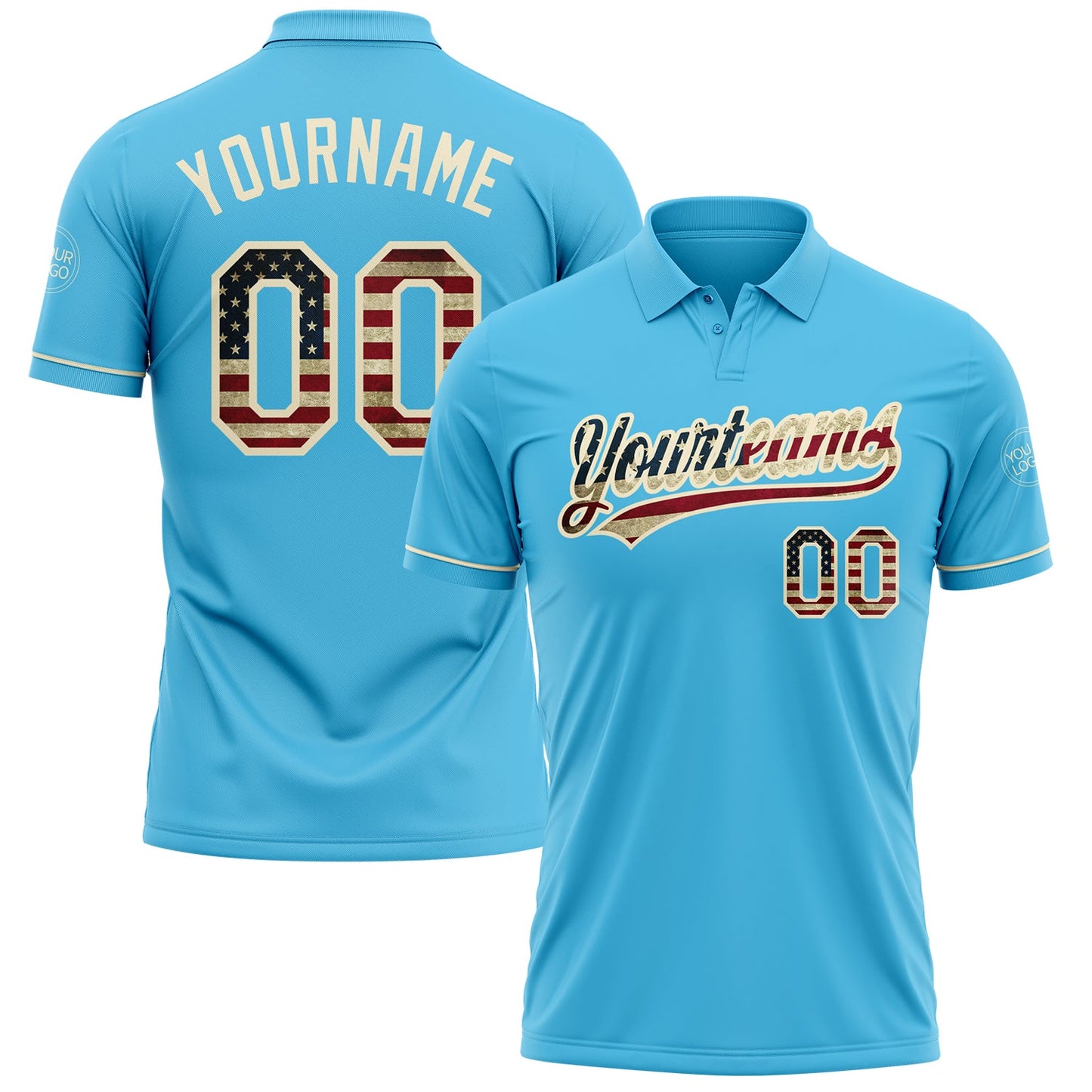 Custom Sky Blue Vintage USA Flag-Cream Performance Vapor Golf Polo Shirt - Main View