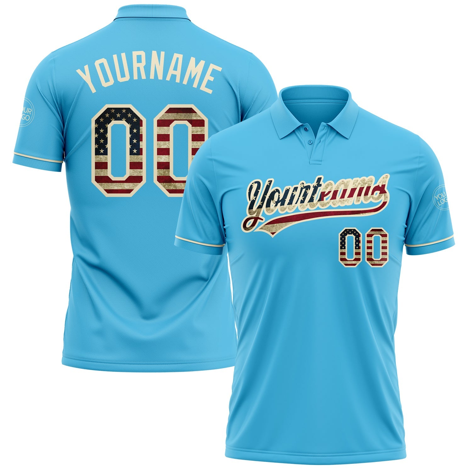 Custom Sky Blue Vintage USA Flag-Cream Performance Vapor Golf Polo Shirt - Main View