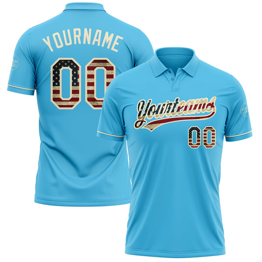 Custom Sky Blue Vintage USA Flag-Cream Performance Vapor Golf Polo Shirt - Main View