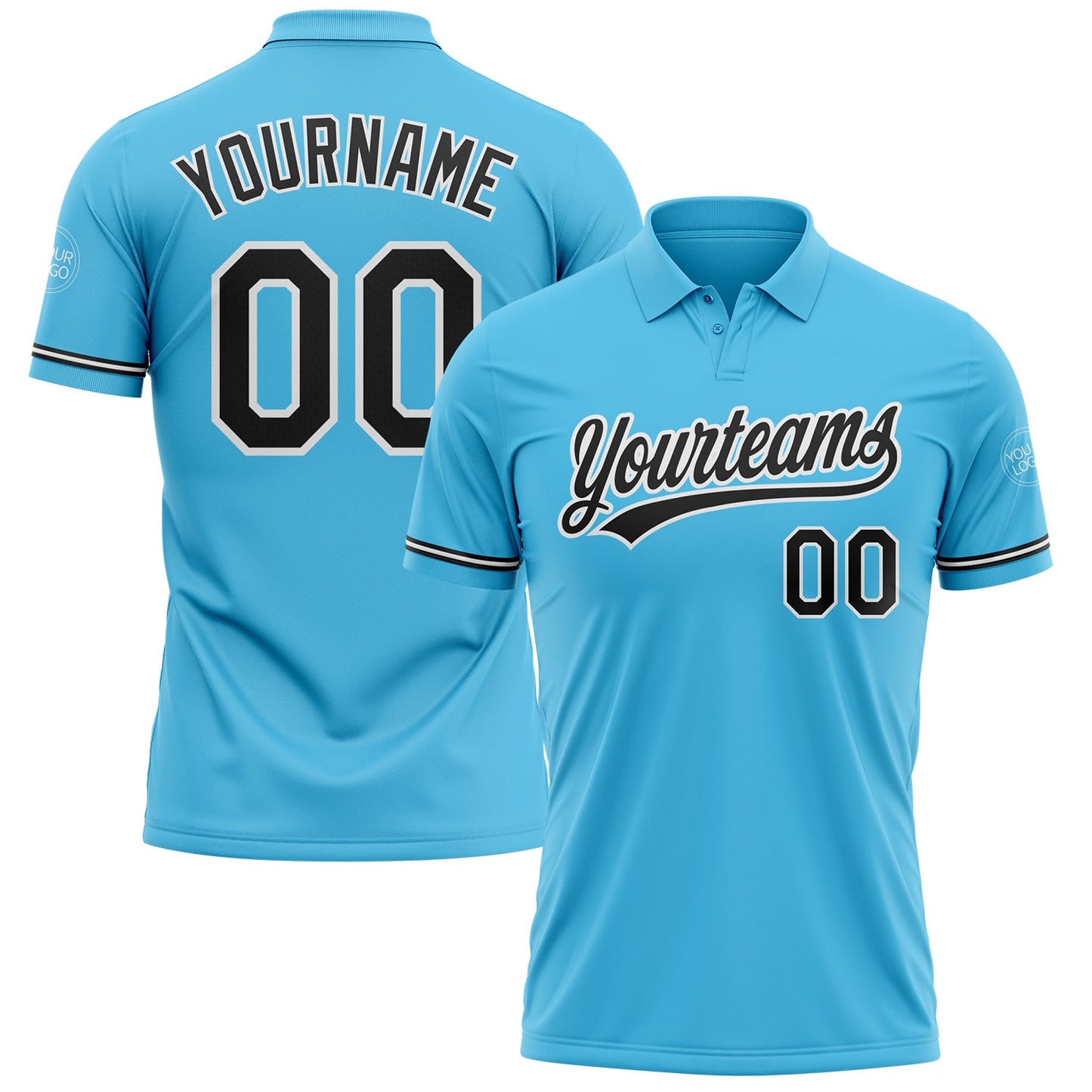 Custom Sky Blue Black-White Performance Vapor Golf Polo Shirt - Main View