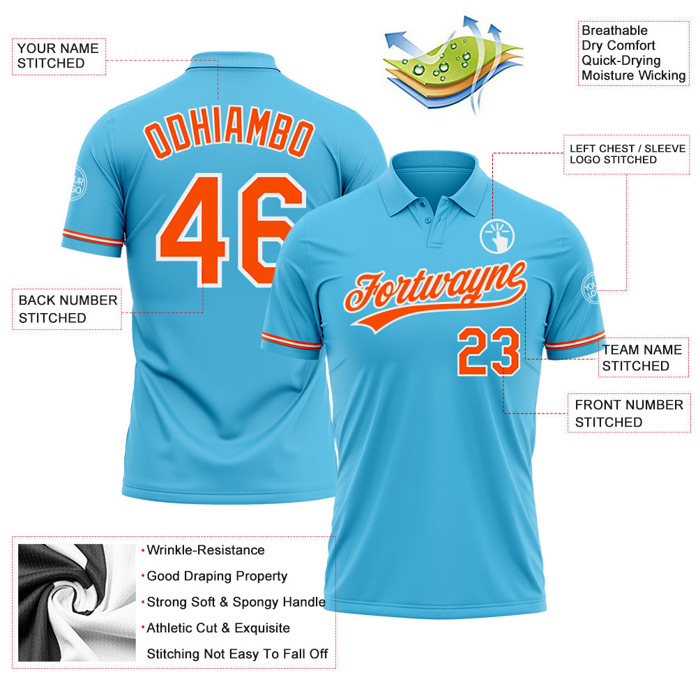 Custom Sky Blue Orange-White Performance Vapor Golf Polo Shirt view 3