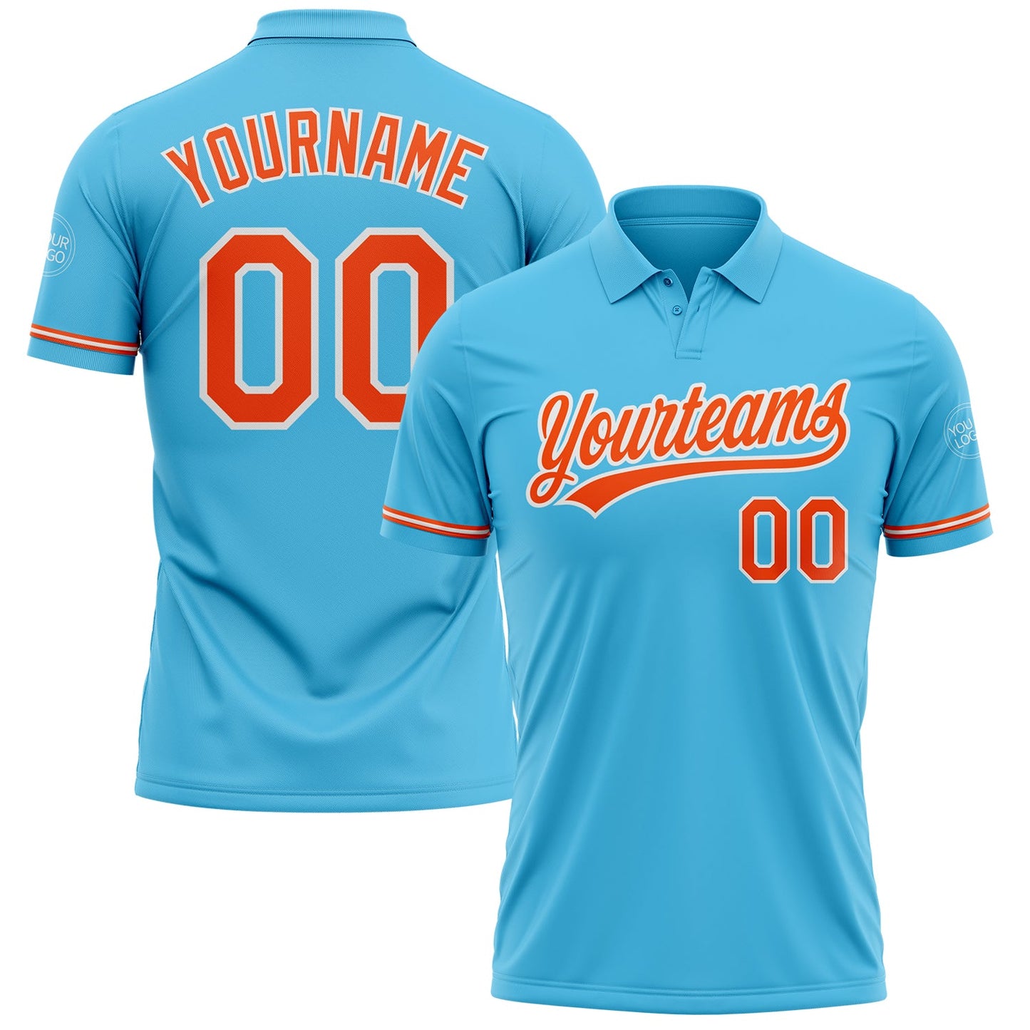 Custom Sky Blue Orange-White Performance Vapor Golf Polo Shirt - Main View