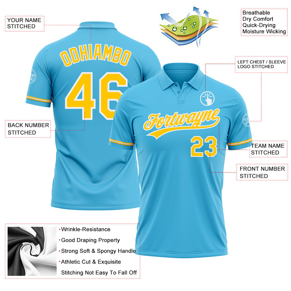 Custom Sky Blue Yellow-White Performance Vapor Golf Polo Shirt view 3