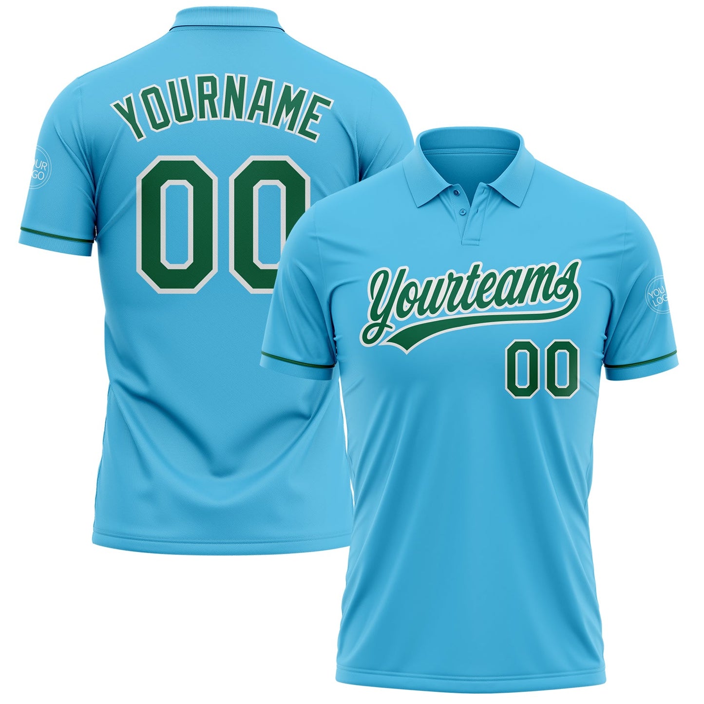Custom Sky Blue Kelly Green-White Performance Vapor Golf Polo Shirt - Main View