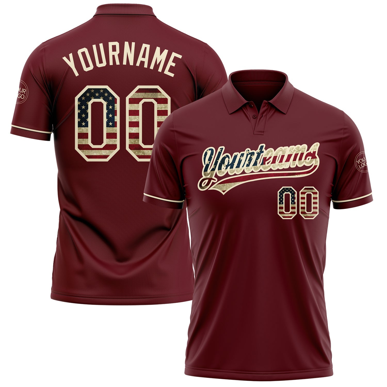 Custom Burgundy Vintage USA Flag-Cream Performance Vapor Golf Polo Shirt - Main View