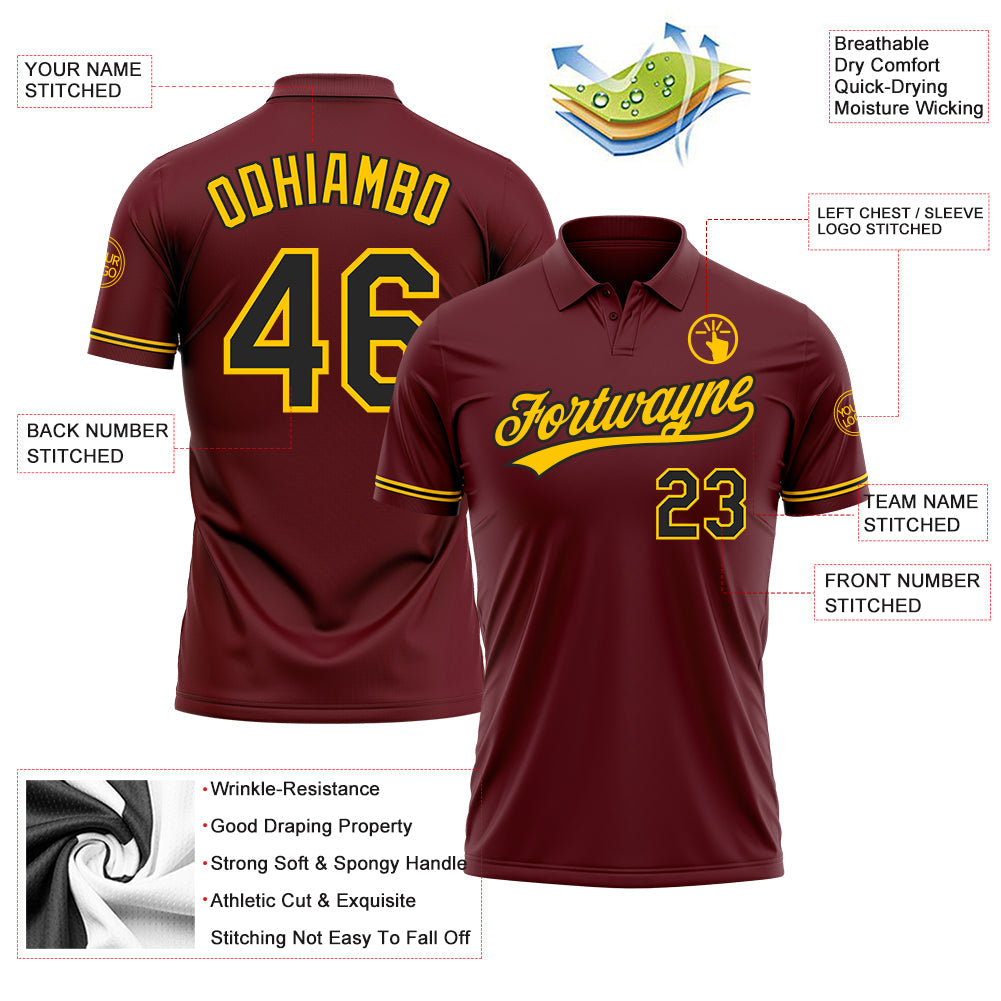 Custom Burgundy Black-Yellow Performance Vapor Golf Polo Shirt view 3