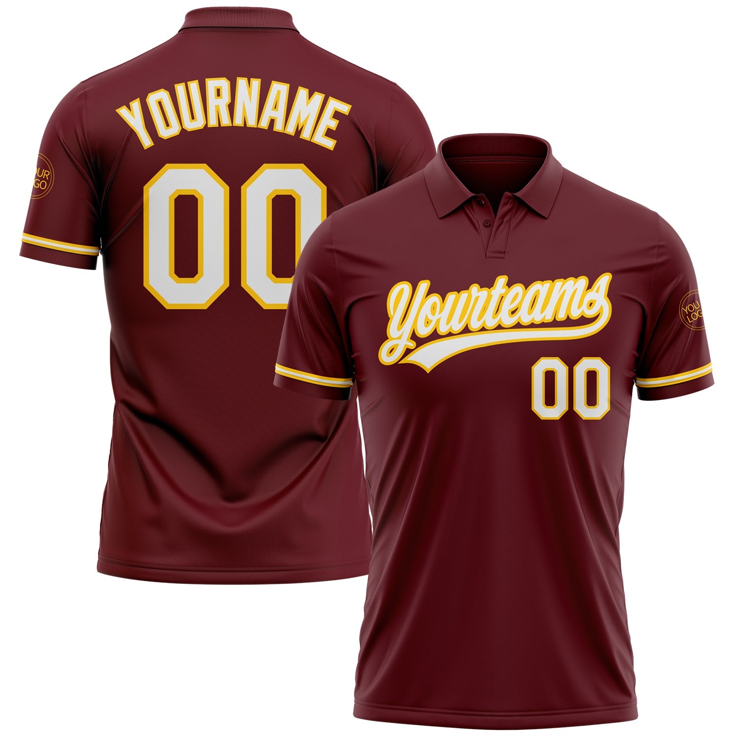 Custom Burgundy White-Yellow Performance Vapor Golf Polo Shirt - Main View