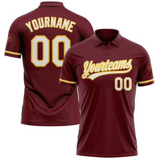 Custom Burgundy White-Yellow Performance Vapor Golf Polo Shirt - Main View