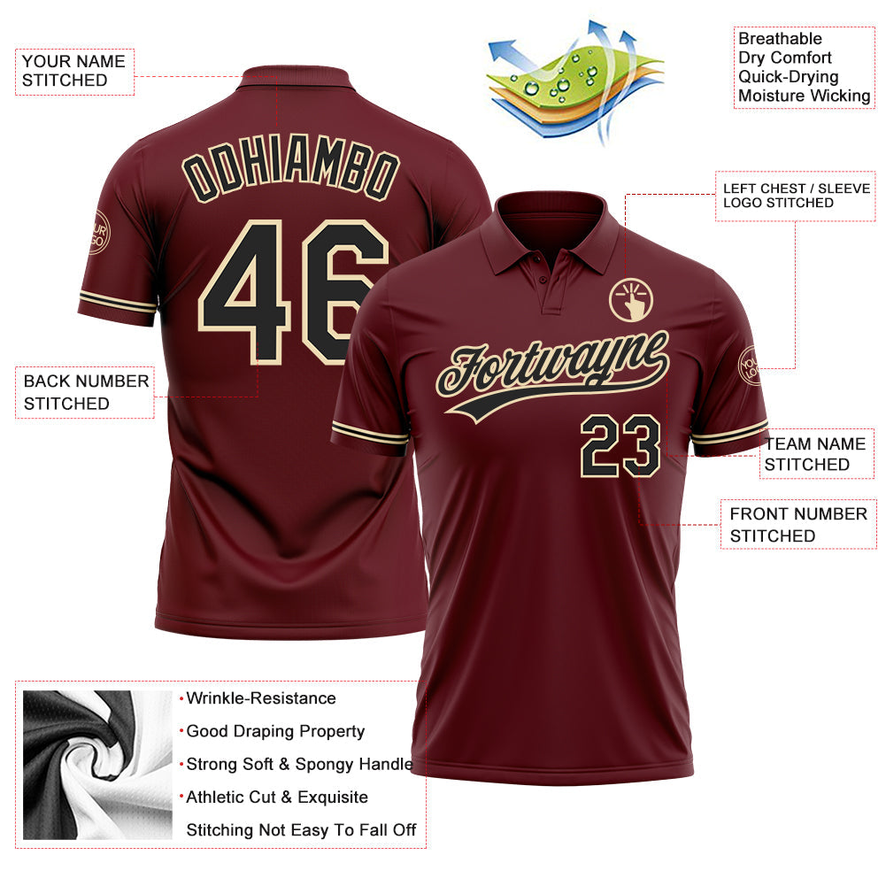 Custom Burgundy Black-City Cream Performance Vapor Golf Polo Shirt view 3