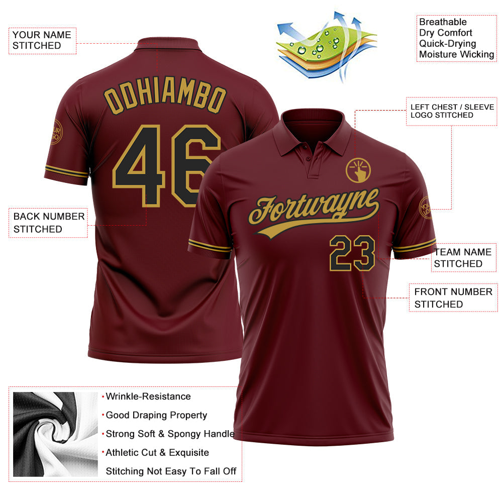 Custom Burgundy Black-Old Gold Performance Vapor Golf Polo Shirt view 3