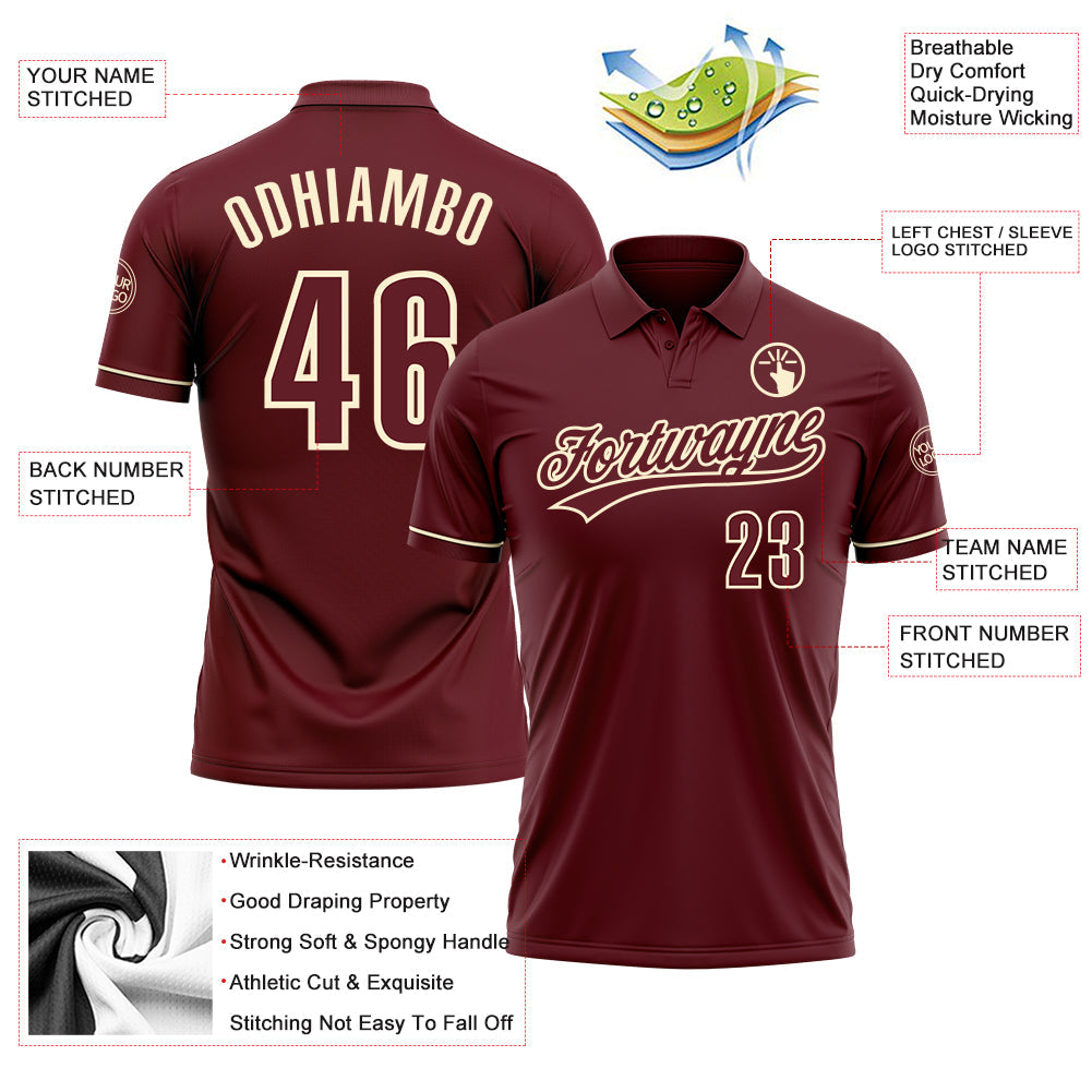 Custom Burgundy Cream Performance Vapor Golf Polo Shirt view 3