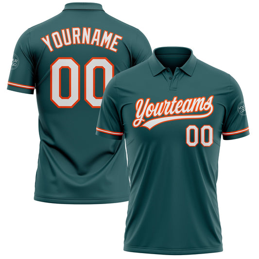 Custom Midnight Green White-Orange Performance Vapor Golf Polo Shirt - Main View