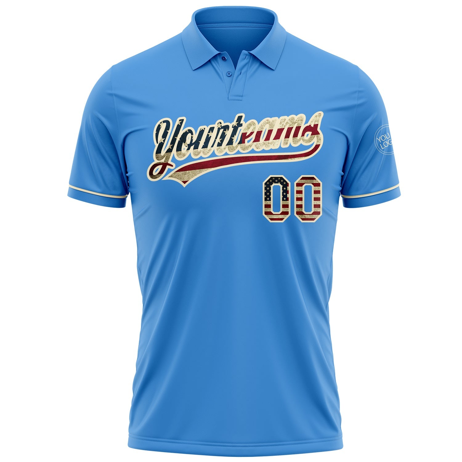 Custom Powder Blue Vintage USA Flag-Cream Performance Vapor Golf Polo Shirt view 2