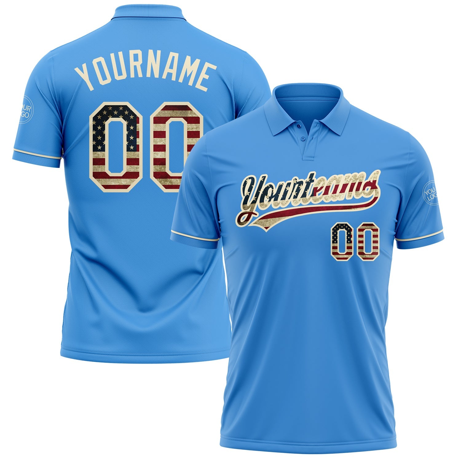 Custom Powder Blue Vintage USA Flag-Cream Performance Vapor Golf Polo Shirt - Main View