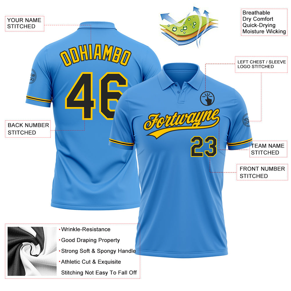 Custom Powder Blue Black-Yellow Performance Vapor Golf Polo Shirt view 3