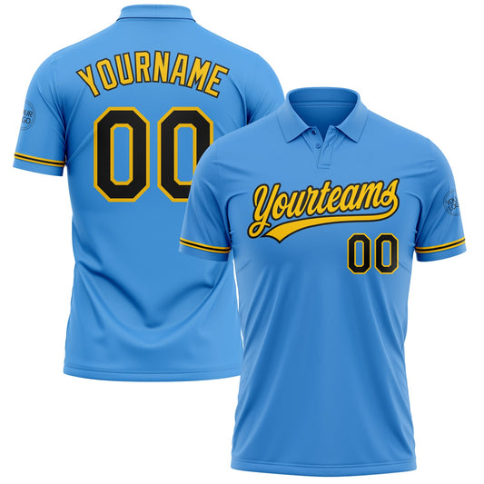 Custom Powder Blue Black-Yellow Performance Vapor Golf Polo Shirt - Main View