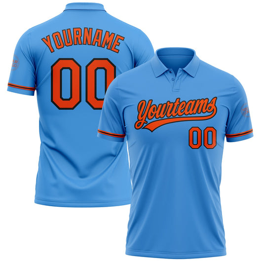 Custom Powder Blue Orange-Black Performance Vapor Golf Polo Shirt - Main View