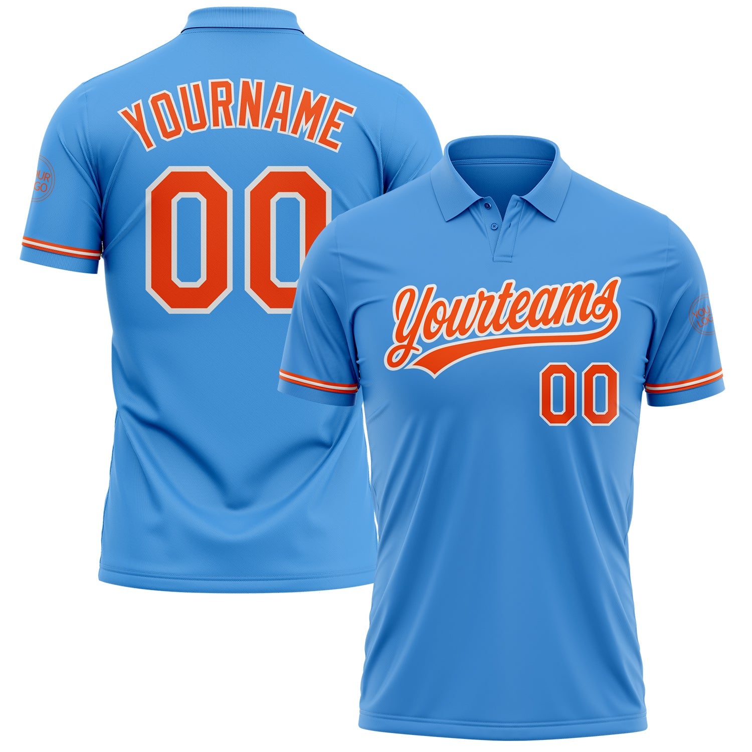 Custom Powder Blue Orange-White Performance Vapor Golf Polo Shirt - Main View