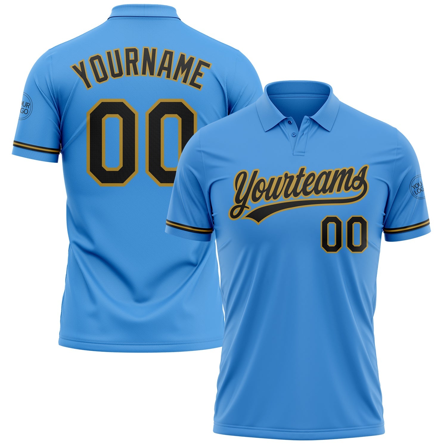 Custom Powder Blue Black-Old Gold Performance Vapor Golf Polo Shirt - Main View