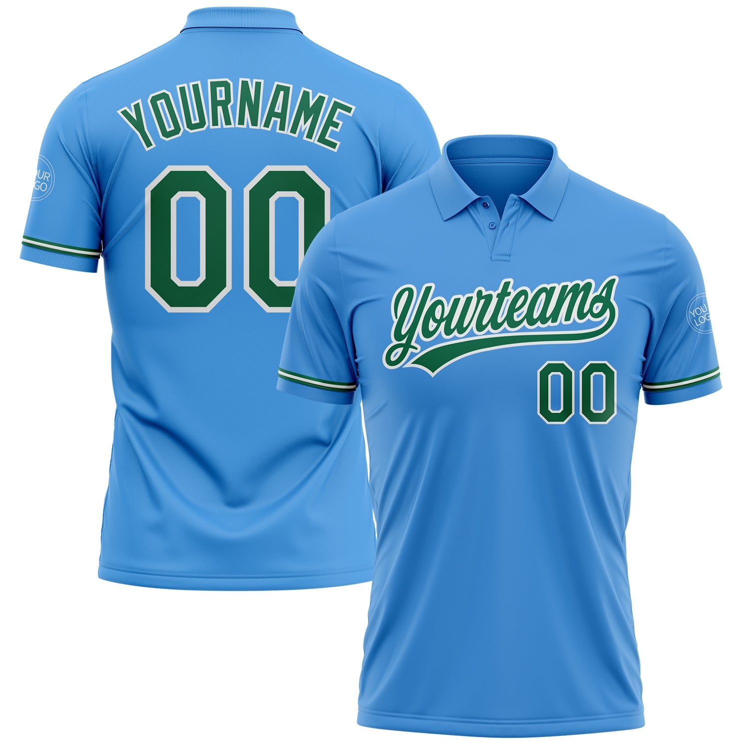 Custom Powder Blue Kelly Green-White Performance Vapor Golf Polo Shirt - Main View