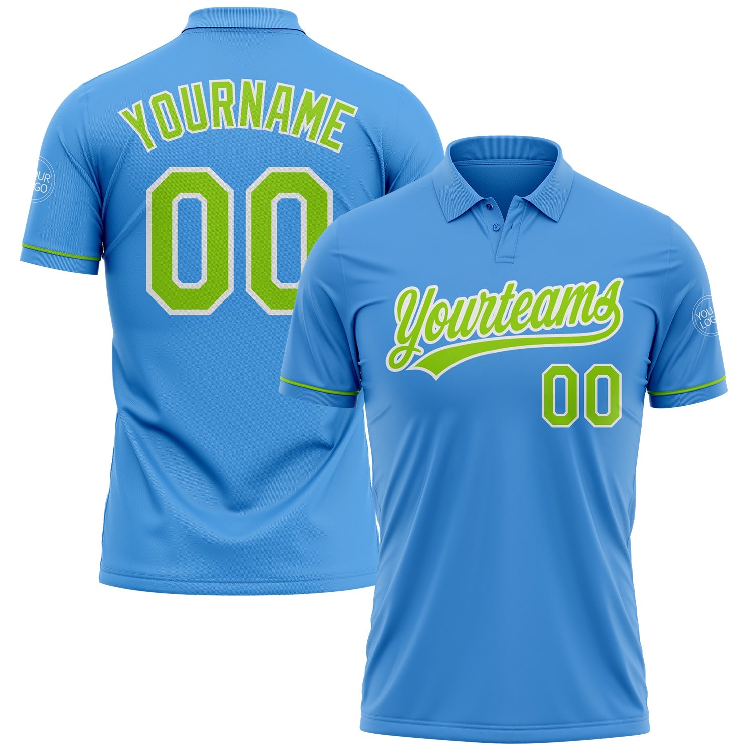 Custom Powder Blue Neon Green-White Performance Vapor Golf Polo Shirt - Main View