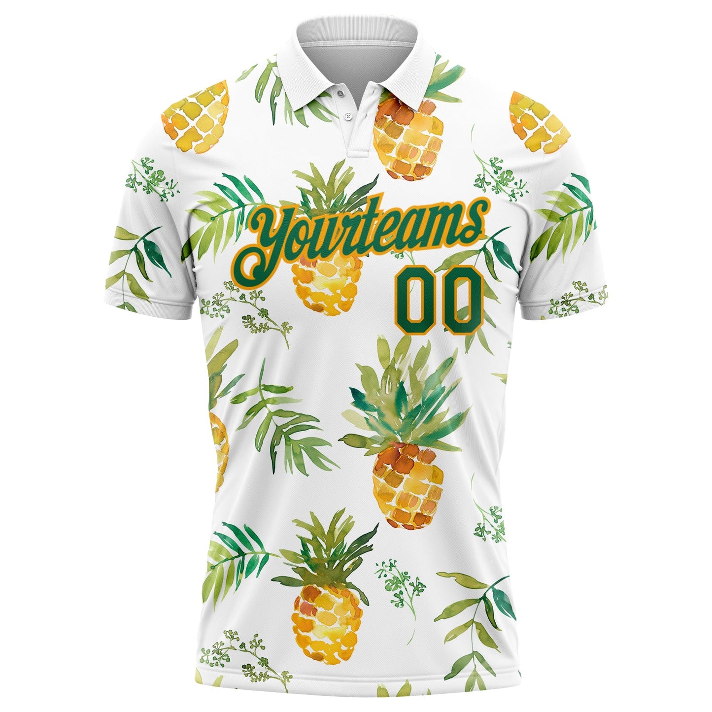 Custom White Kelly Green-Gold 3D Pattern Design Pineapples Performance Golf Polo Shirt view 2