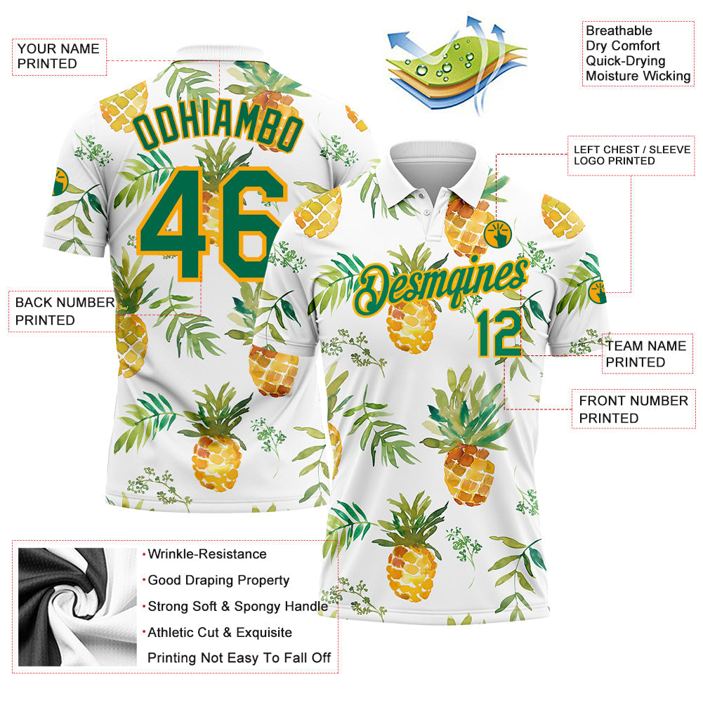 Custom White Kelly Green-Gold 3D Pattern Design Pineapples Performance Golf Polo Shirt view 3