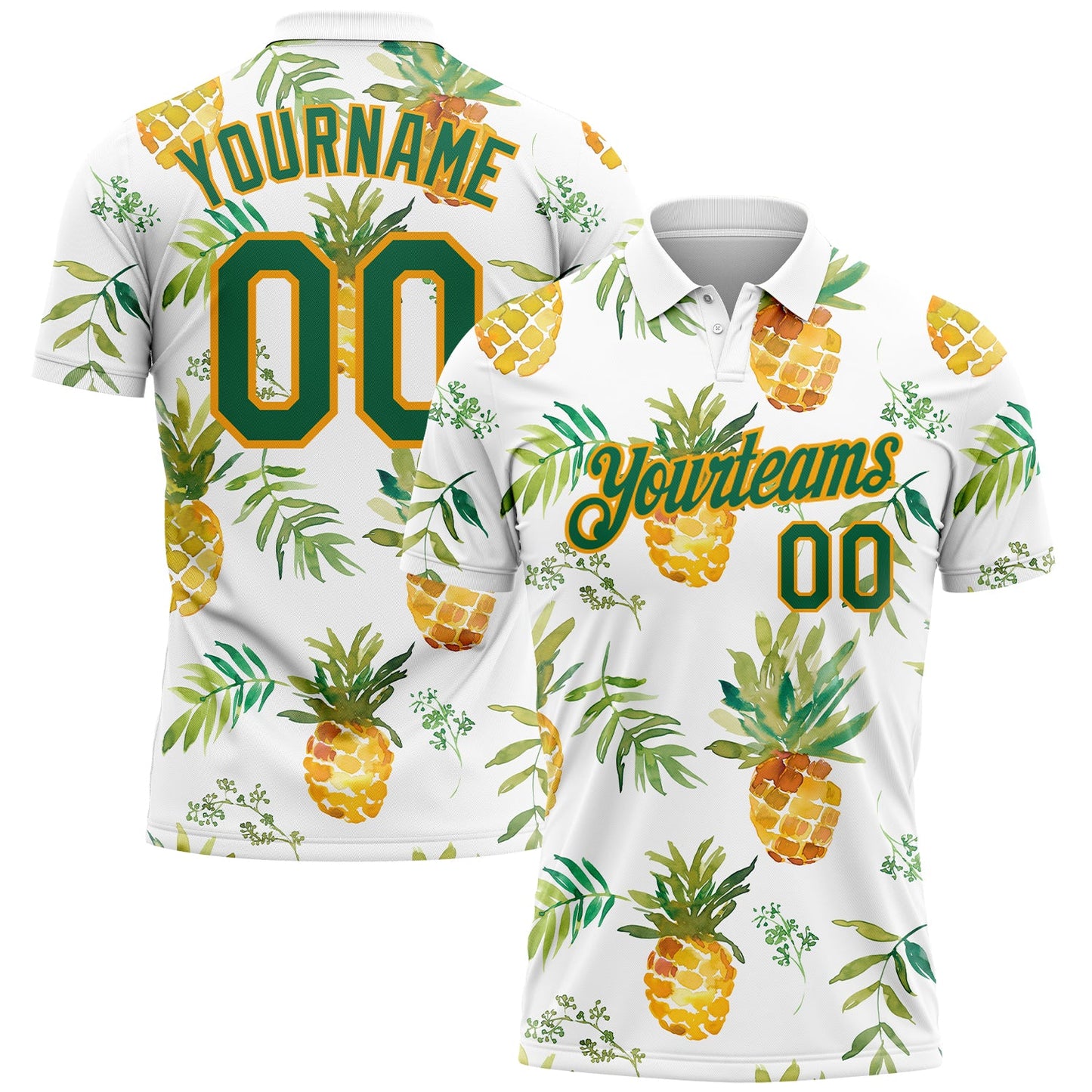 Custom White Kelly Green-Gold 3D Pattern Design Pineapples Performance Golf Polo Shirt - Main View