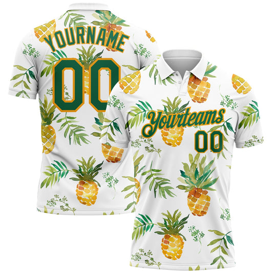 Custom White Kelly Green-Gold 3D Pattern Design Pineapples Performance Golf Polo Shirt - Main View