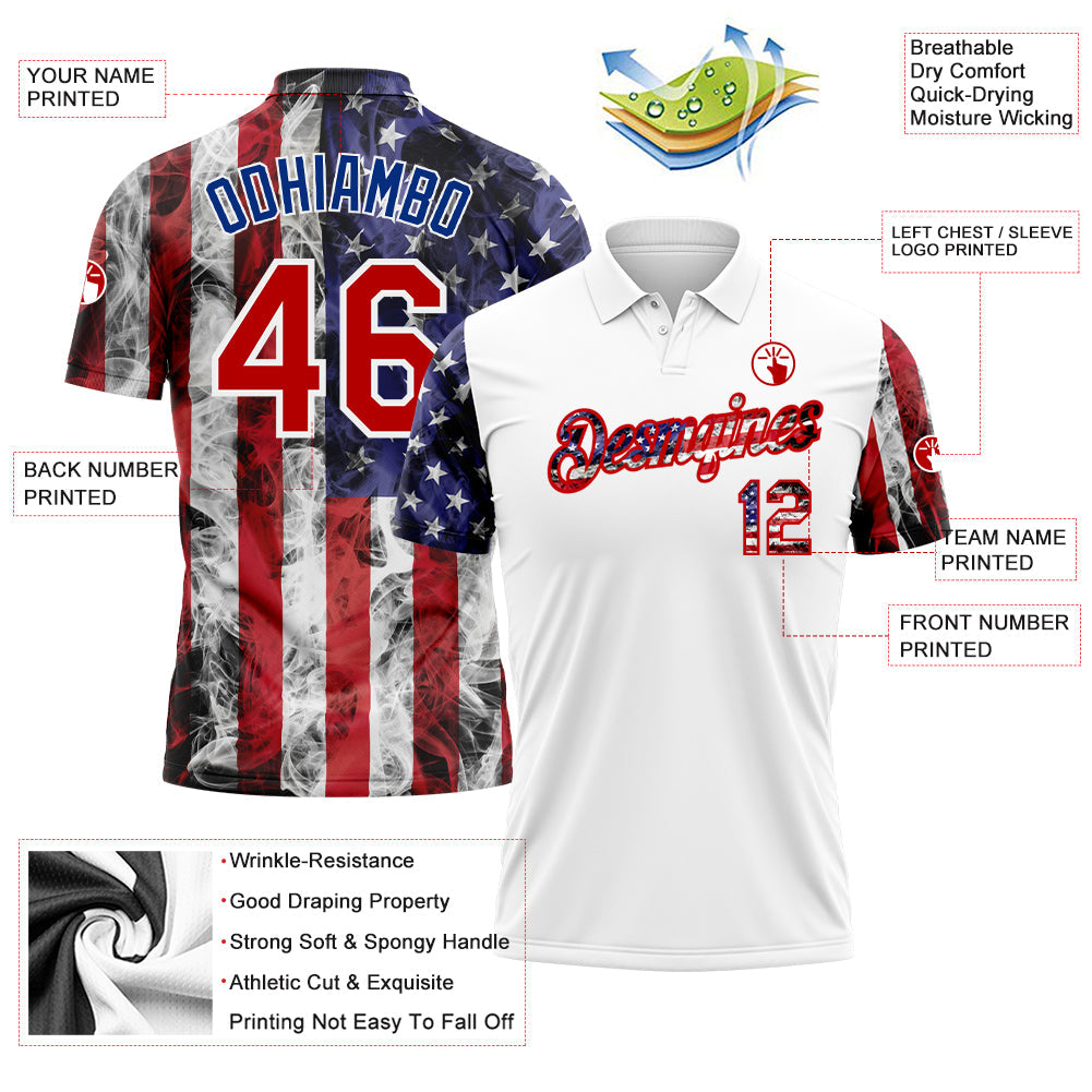 Custom White Red-Royal 3D American Flag Performance Golf Polo Shirt view 3