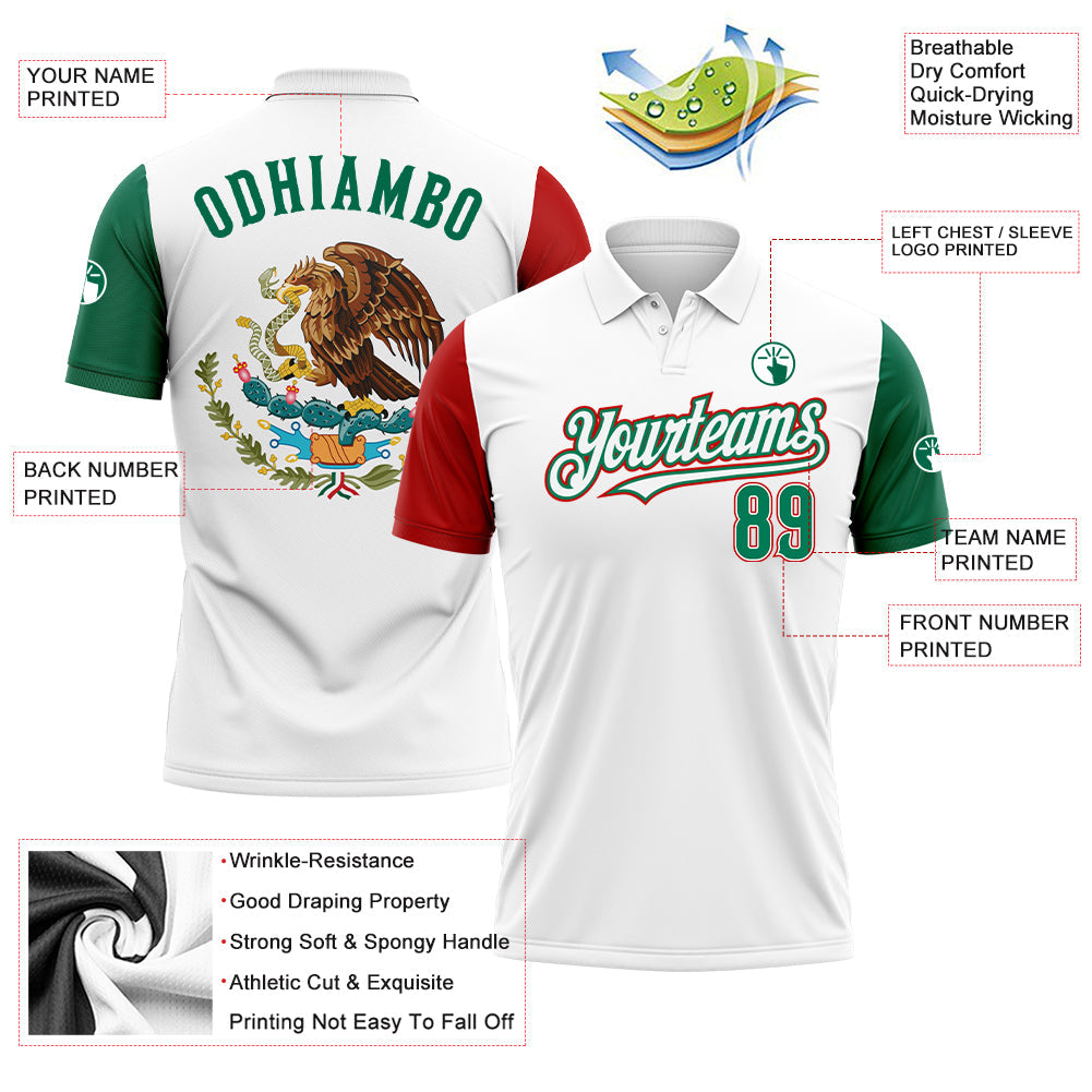 Custom White Kelly Green-Red Mexico Two Tone Performance Golf Polo Shirt view 3