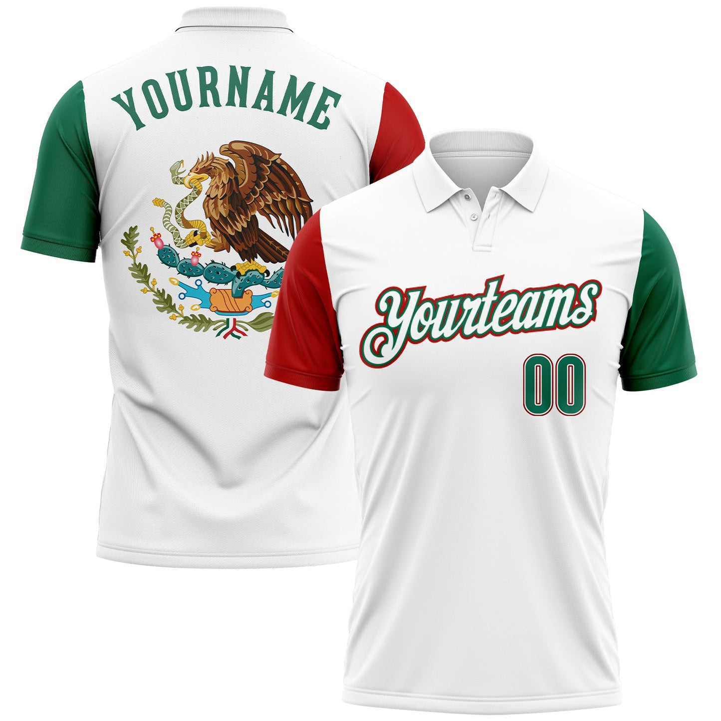 Custom White Kelly Green-Red Mexico Two Tone Performance Golf Polo Shirt - Main View