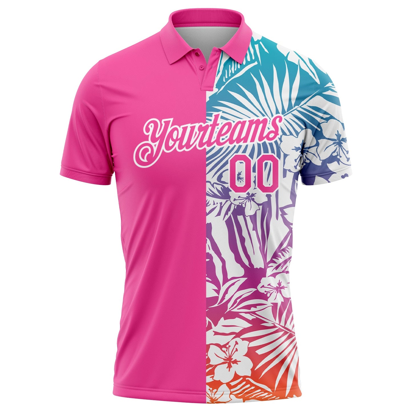 Custom Pink White 3D Pattern Design Tropical Palm Leaves Performance Golf Polo Shirt view 2