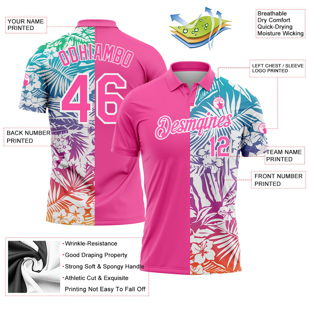 Custom Pink White 3D Pattern Design Tropical Palm Leaves Performance Golf Polo Shirt view 3
