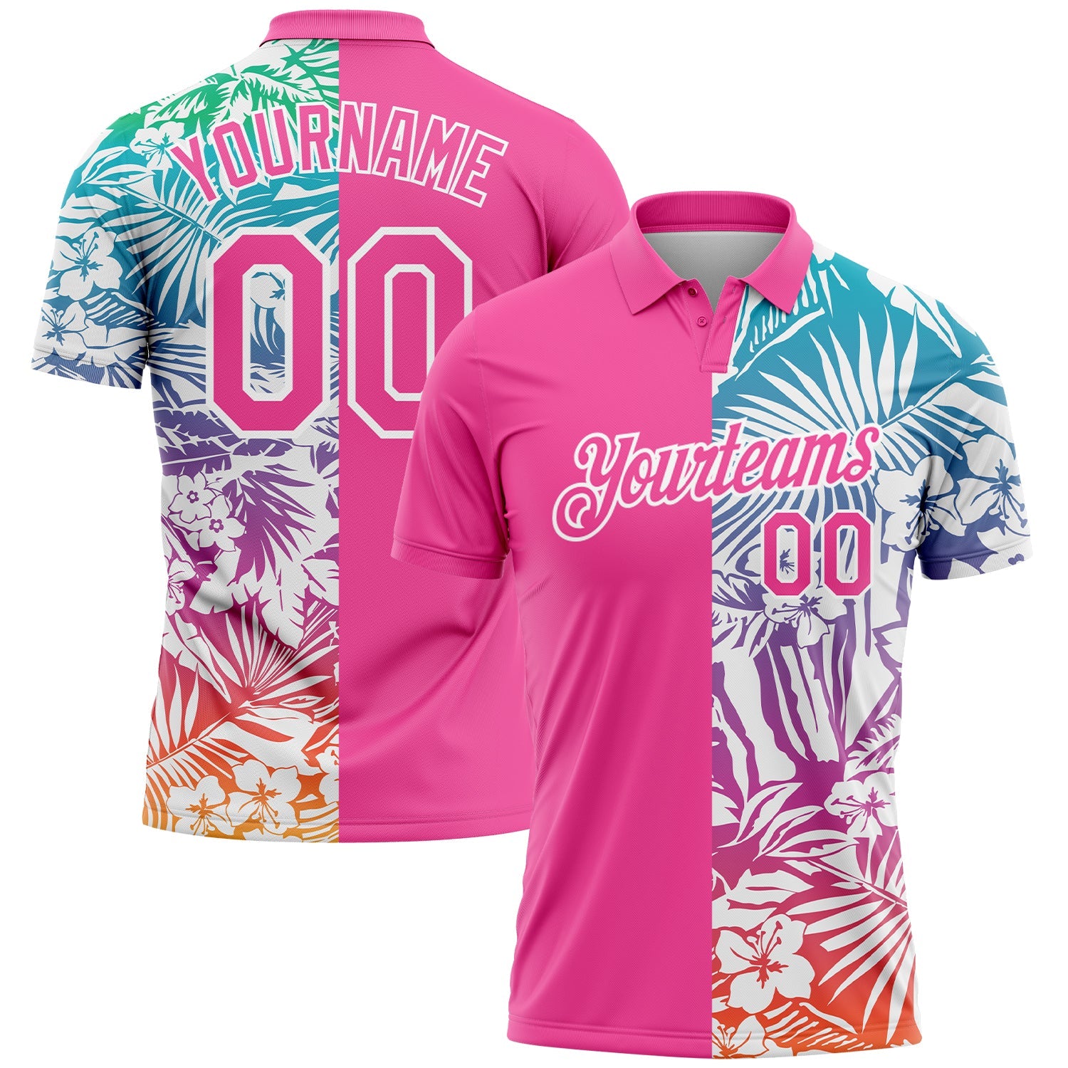 Custom Pink White 3D Pattern Design Tropical Palm Leaves Performance Golf Polo Shirt - Main View