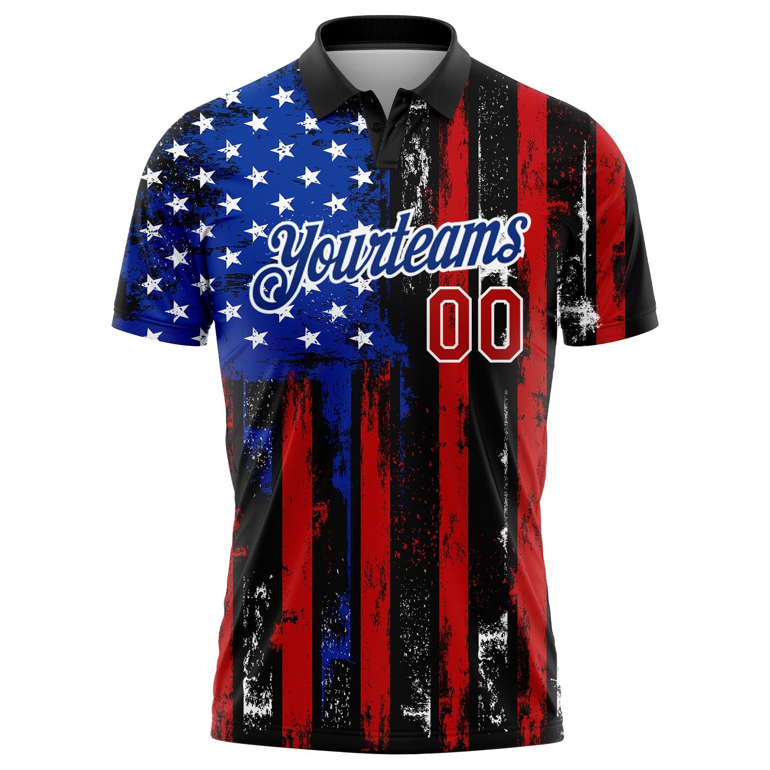 Custom Black Red-Royal 3D Distressed American Flag Performance Golf Polo Shirt view 2