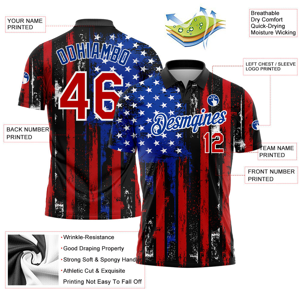 Custom Black Red-Royal 3D Distressed American Flag Performance Golf Polo Shirt view 3