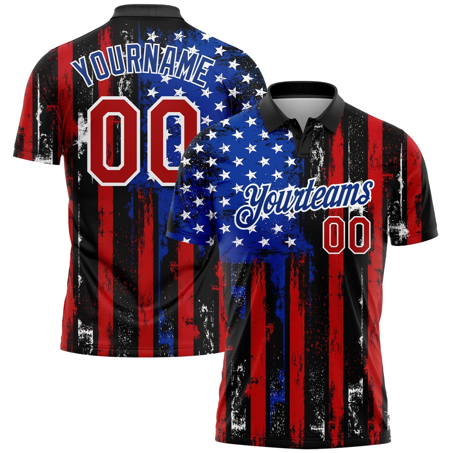 Custom Black Red-Royal 3D Distressed American Flag Performance Golf Polo Shirt - Main View