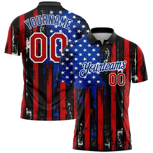 Custom Black Red-Royal 3D Distressed American Flag Performance Golf Polo Shirt - Main View