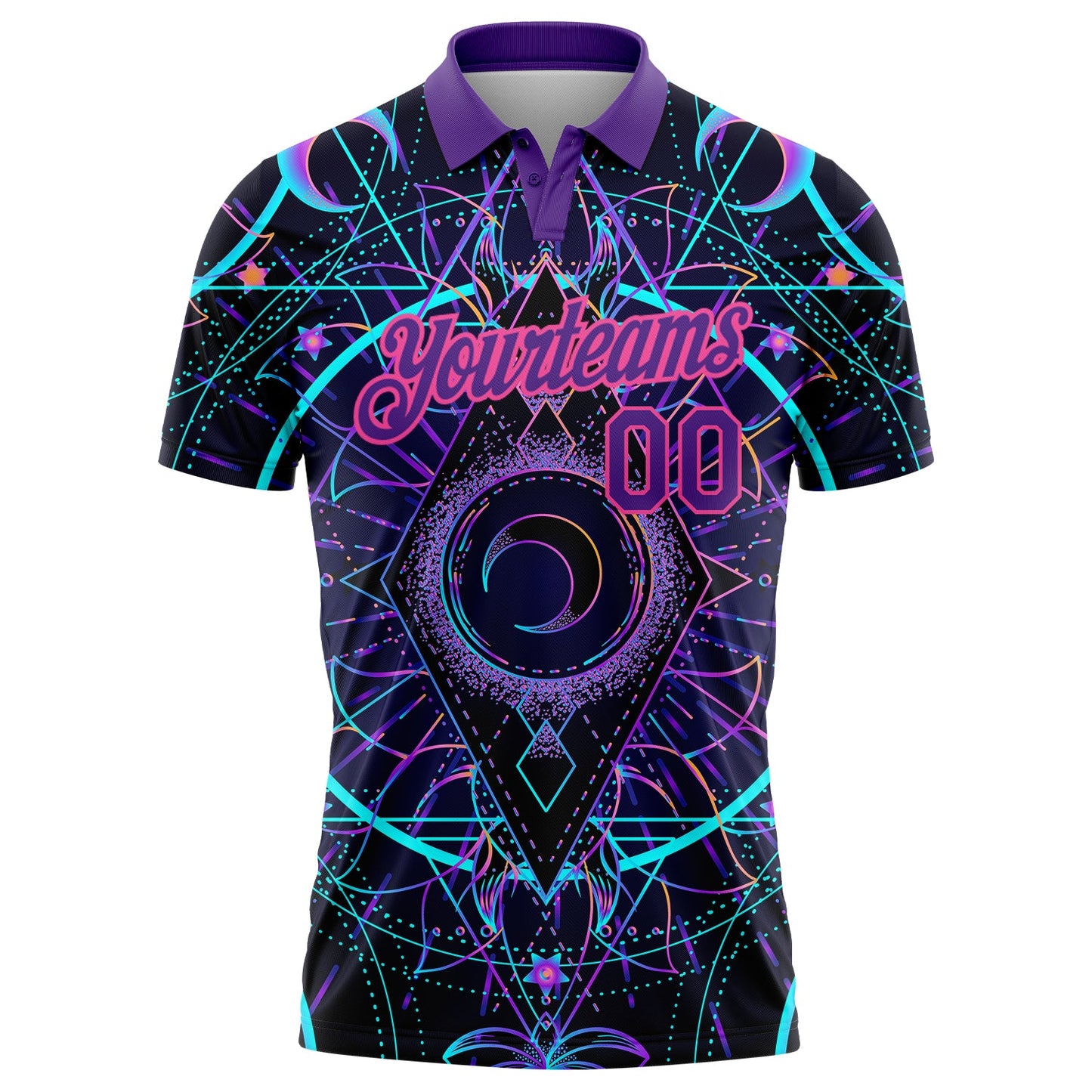 Custom Black Pink-Purple 3D Pattern Design Magic Mushrooms Over Sacred Geometry Psychedelic Hallucination Performance Golf Polo Shirt view 2
