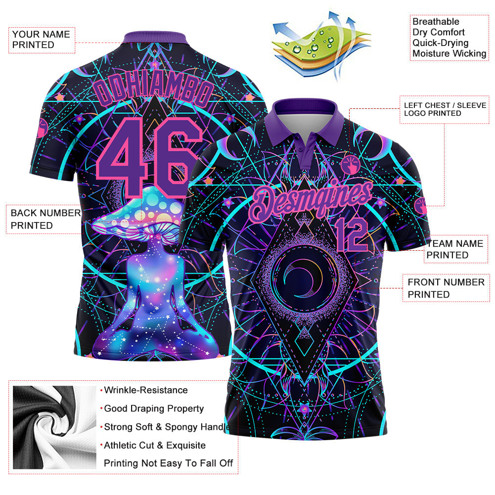 Custom Black Pink-Purple 3D Pattern Design Magic Mushrooms Over Sacred Geometry Psychedelic Hallucination Performance Golf Polo Shirt view 3