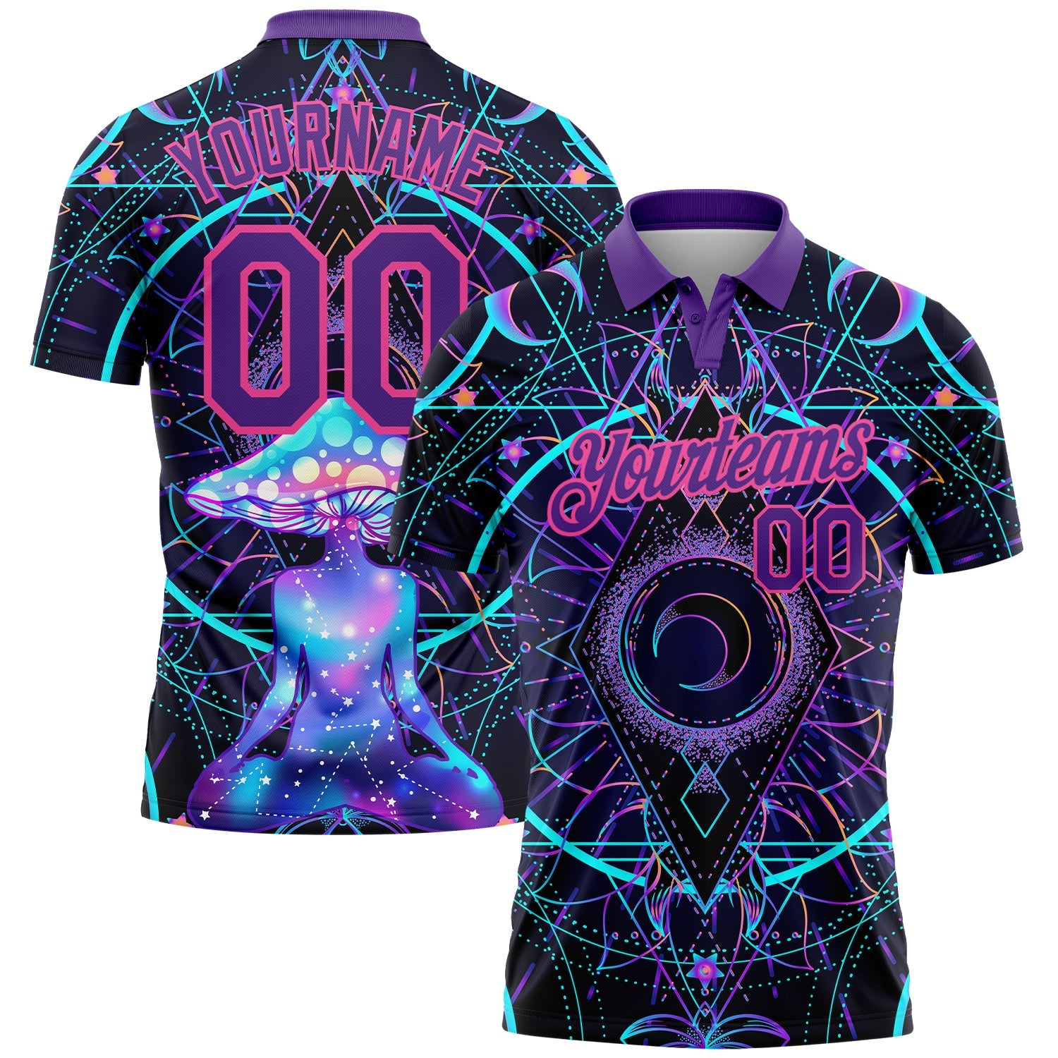 Custom Black Pink-Purple 3D Pattern Design Magic Mushrooms Over Sacred Geometry Psychedelic Hallucination Performance Golf Polo Shirt - Main View