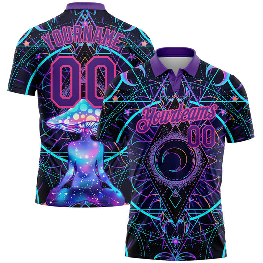 Custom Black Pink-Purple 3D Pattern Design Magic Mushrooms Over Sacred Geometry Psychedelic Hallucination Performance Golf Polo Shirt - Main View