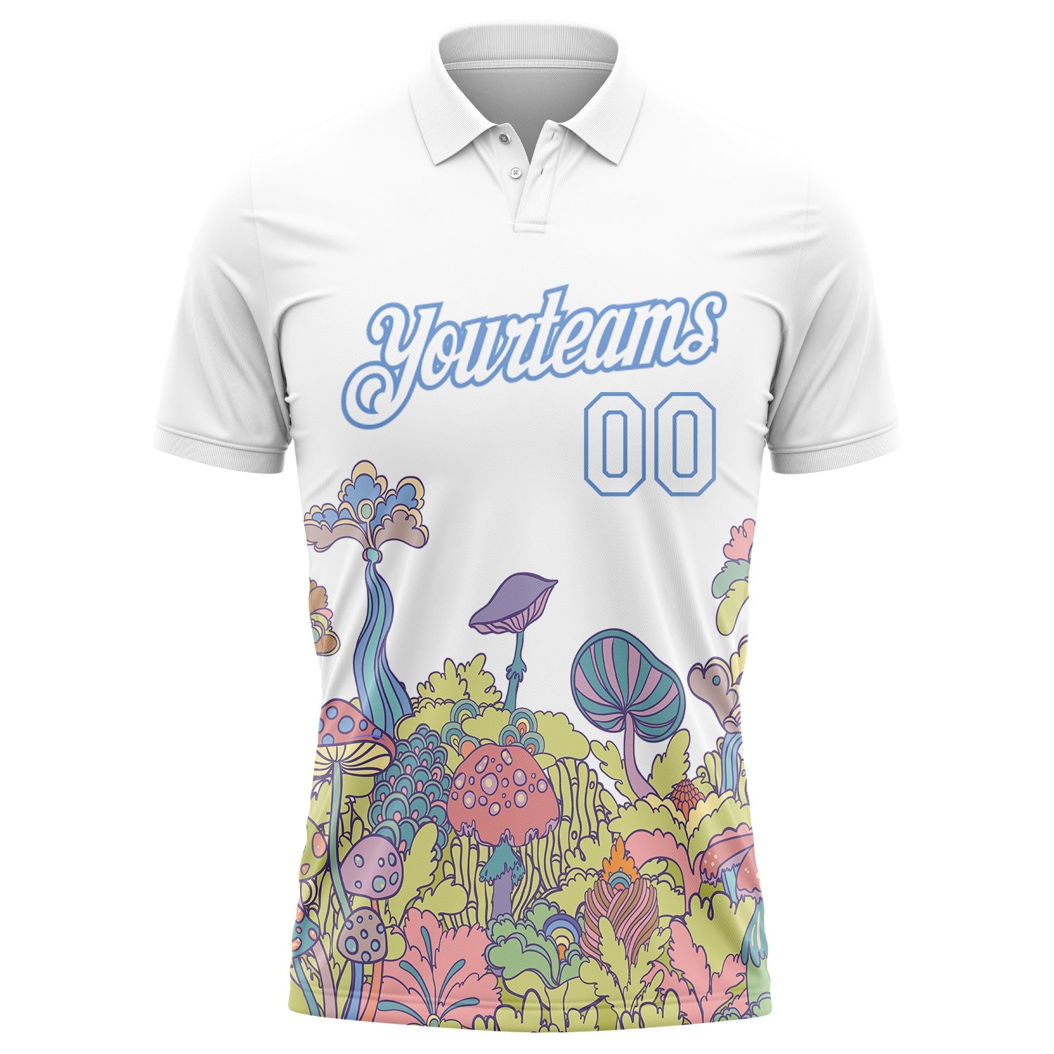 Custom White Light Blue 3D Pattern Design Colorful Flowers And Mushrooms Psychedelic Hallucination Performance Golf Polo Shirt view 2